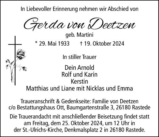 Traueranzeige von Gerda von Deetzen von Nordwest-Zeitung