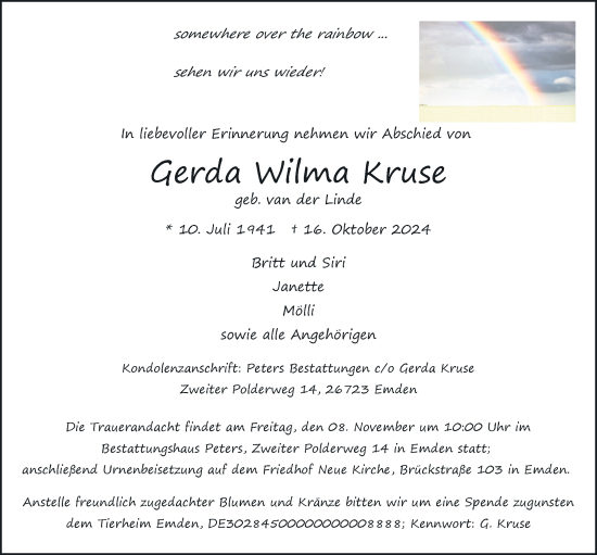 Traueranzeige von Gerda Wilma Kruse von Emder Zeitung