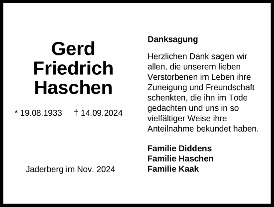 Traueranzeige von Gerd Friedrich Haschen von Nordwest-Zeitung