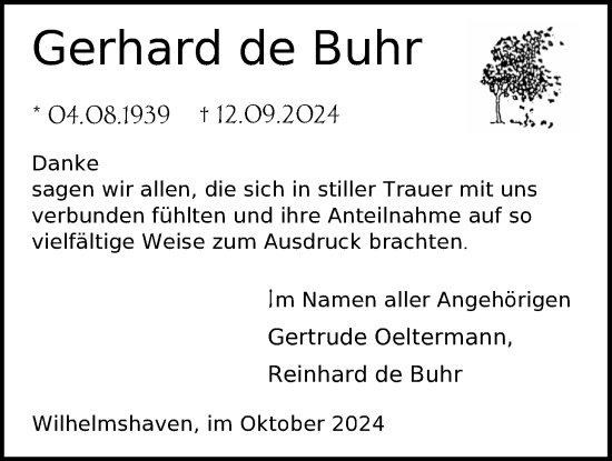 Traueranzeige von Gerhard de Buhr von WZ/JW/AH