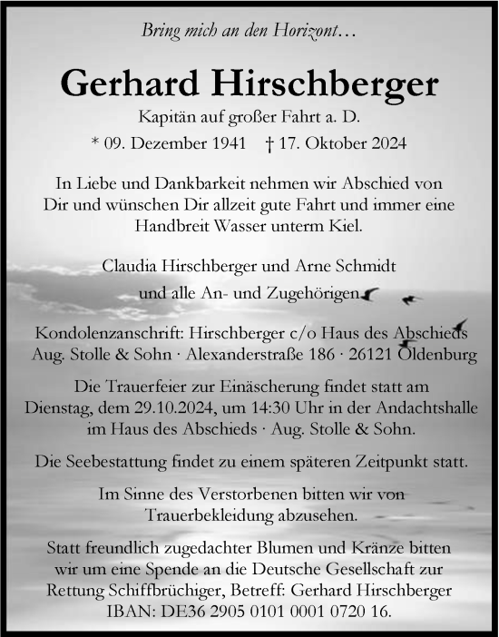 Traueranzeige von Gerhard Hirschberger von Nordwest-Zeitung