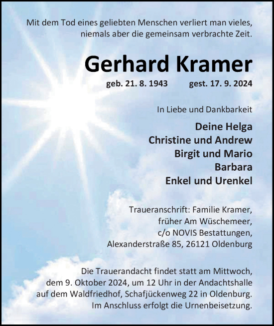 Traueranzeige von Gerhard Kramer von Nordwest-Zeitung