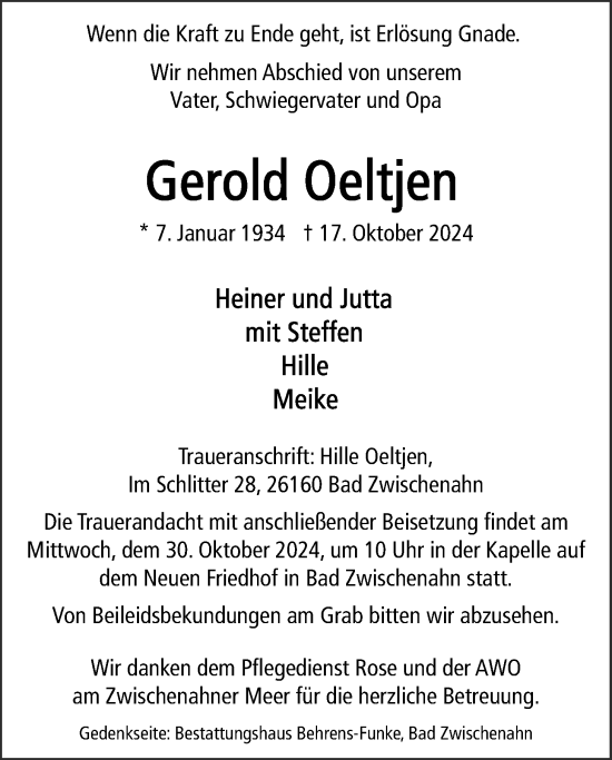 Traueranzeige von Gerold Oeltjen von Nordwest-Zeitung