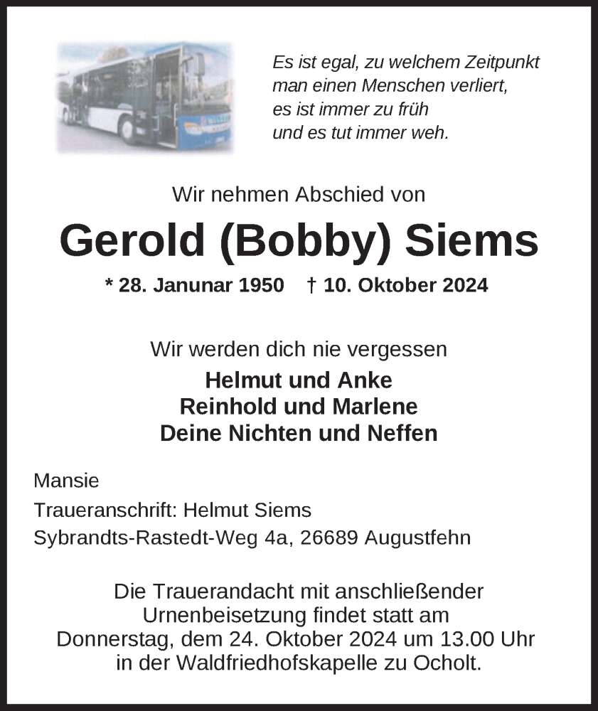  Traueranzeige für Gerold Siems vom 15.10.2024 aus Nordwest-Zeitung