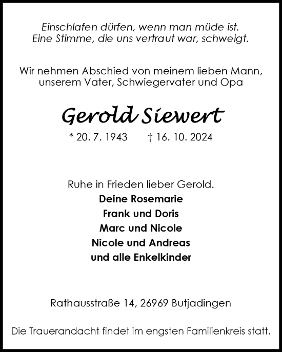 Traueranzeige von Gerold Siewert von Nordwest-Zeitung