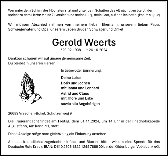 Traueranzeige von Gerold Weerts von Nordwest-Zeitung