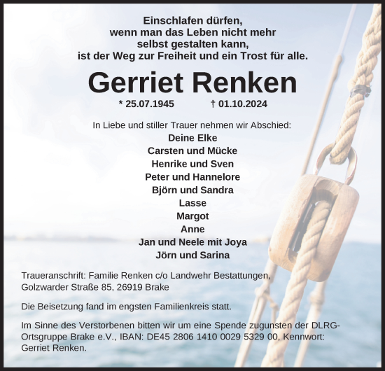 Traueranzeige von Gerriet Renken von Nordwest-Zeitung
