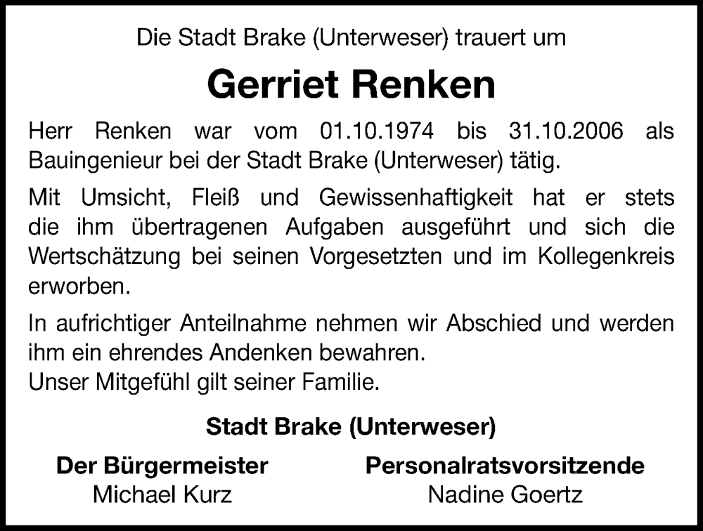  Traueranzeige für Gerriet Renken vom 12.10.2024 aus Nordwest-Zeitung
