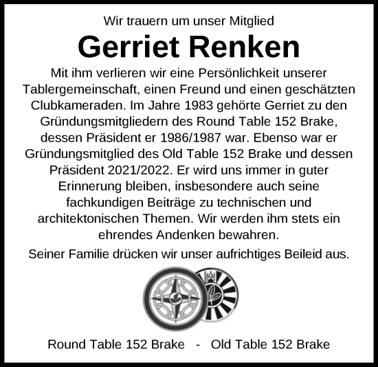 Traueranzeige von Gerriet Renken von Nordwest-Zeitung