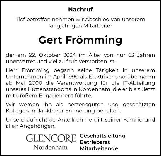 Traueranzeige von Gert Frömming von Nordwest-Zeitung