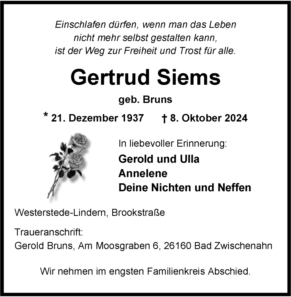 Traueranzeige für Gertrud Siems vom 18.10.2024 aus Nordwest-Zeitung