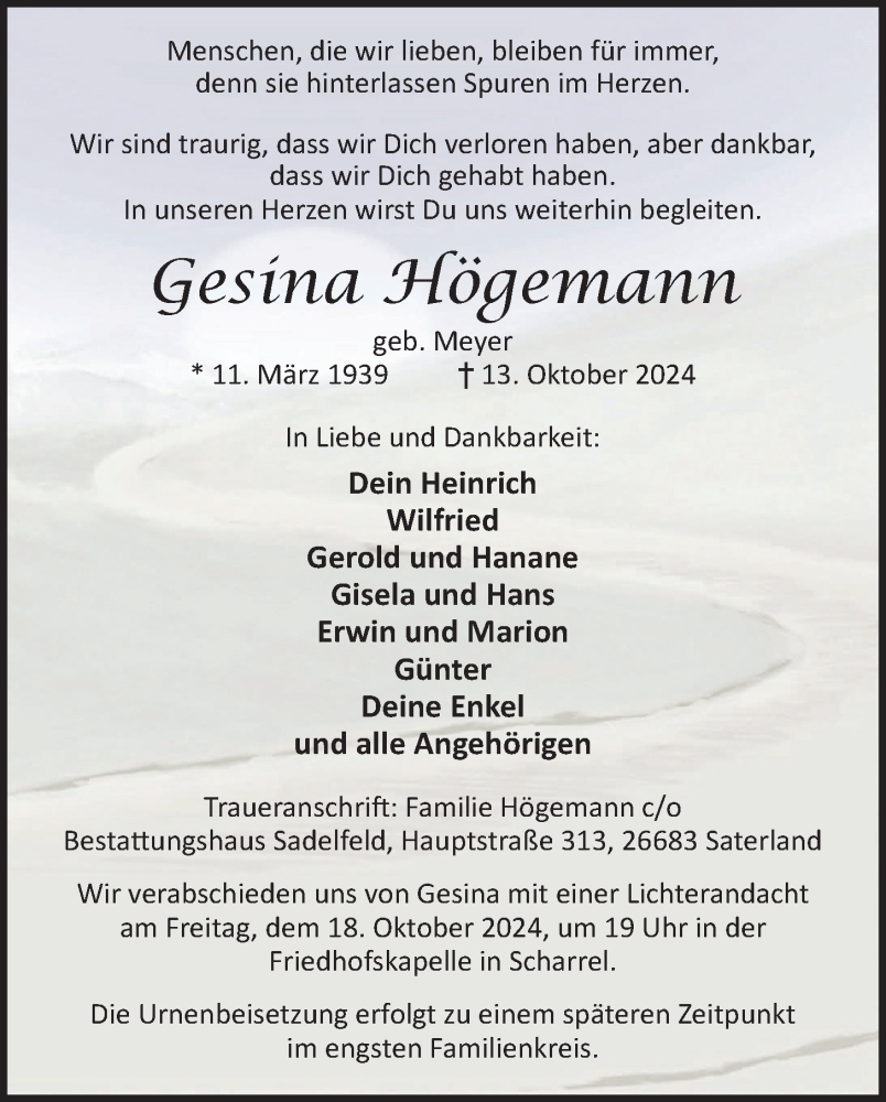  Traueranzeige für Gesina Högemann vom 15.10.2024 aus Nordwest-Zeitung