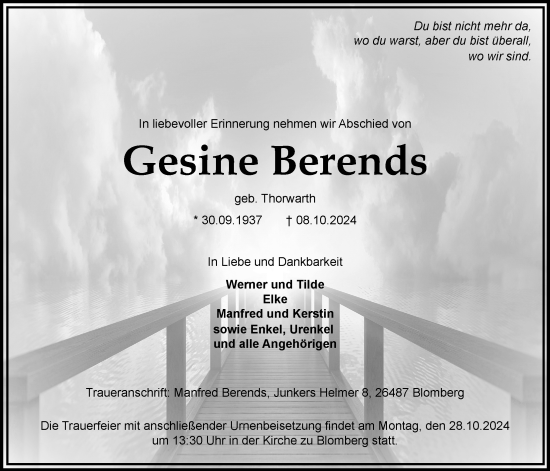 Traueranzeige von Gesine Berends von WZ/JW/AH