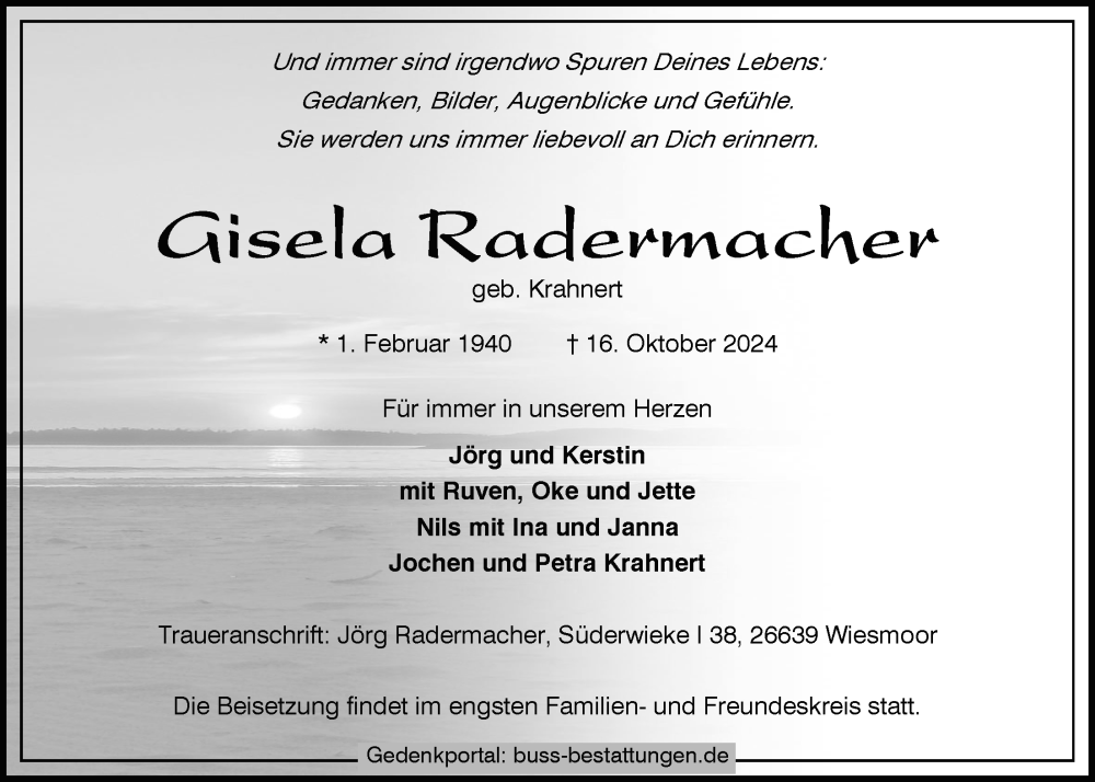  Traueranzeige für Gisela Radermacher vom 22.10.2024 aus WZ/JW/AH