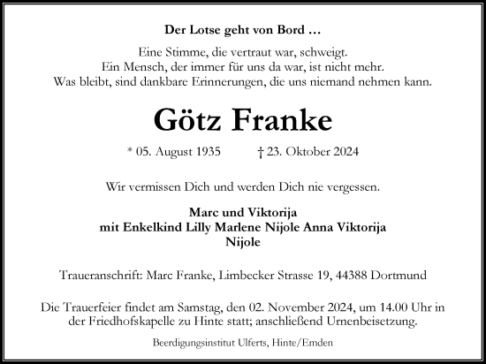 Traueranzeige von Götz Franke von Emder Zeitung