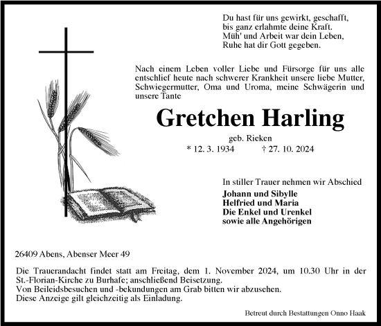 Traueranzeige von Gretchen Harling von WZ/JW/AH