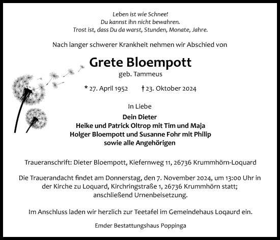 Traueranzeige von Grete Bloempott von Emder Zeitung