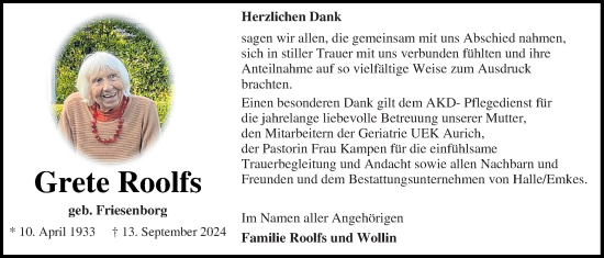 Traueranzeige von Grete Roolfs von Emder Zeitung