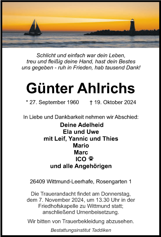 Traueranzeige von Günter Ahlrichs von WZ/JW/AH