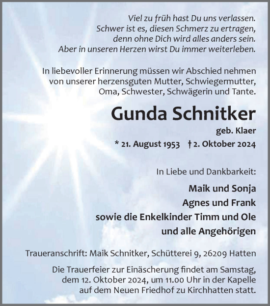 Traueranzeige von Gunda Schnitker von Nordwest-Zeitung