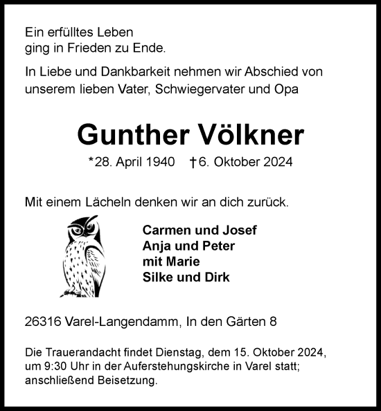 Traueranzeige von Gunther Völkner von Nordwest-Zeitung