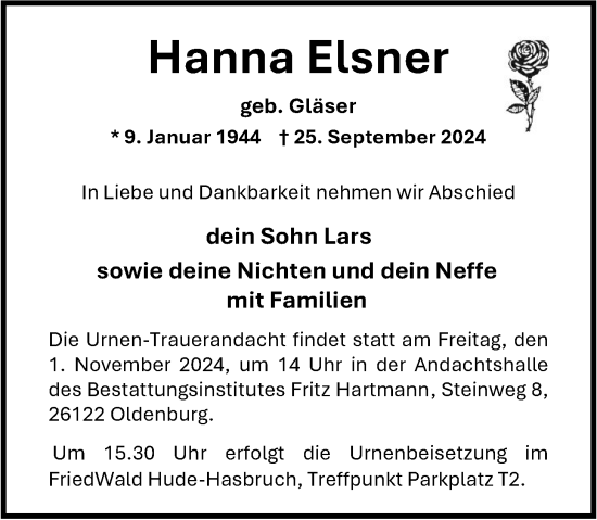 Traueranzeige von Hanna Elsner von Nordwest-Zeitung