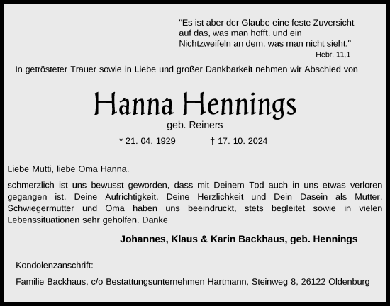 Traueranzeige von Hanna Hennings von Nordwest-Zeitung