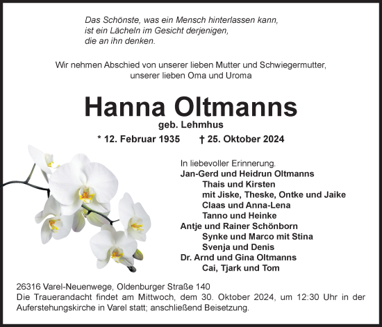 Traueranzeige von Hanna Oltmanns von Nordwest-Zeitung