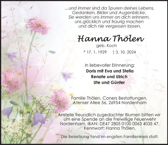 Traueranzeige von Hanna Thölen von Nordwest-Zeitung
