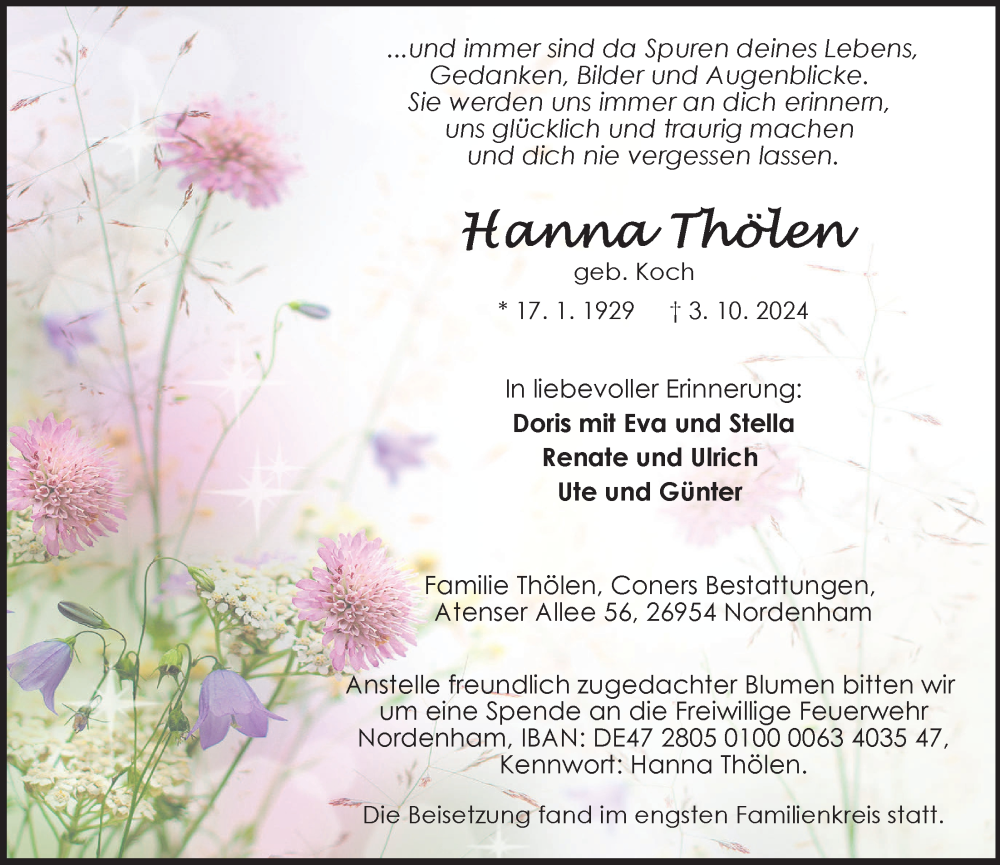  Traueranzeige für Hanna Thölen vom 12.10.2024 aus Nordwest-Zeitung