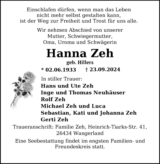 Traueranzeige von Hanna Zeh von WZ/JW/AH