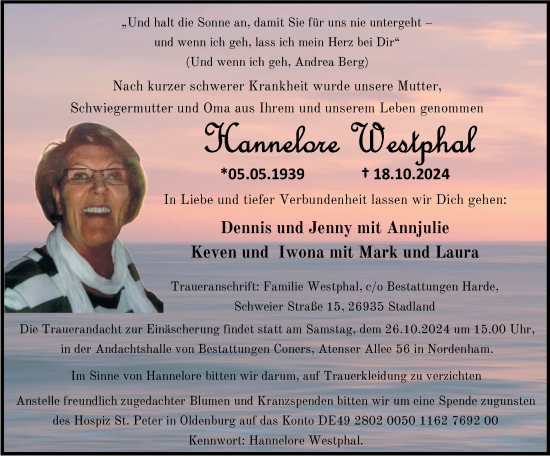 Traueranzeige von Hannelore Westphal von Nordwest-Zeitung