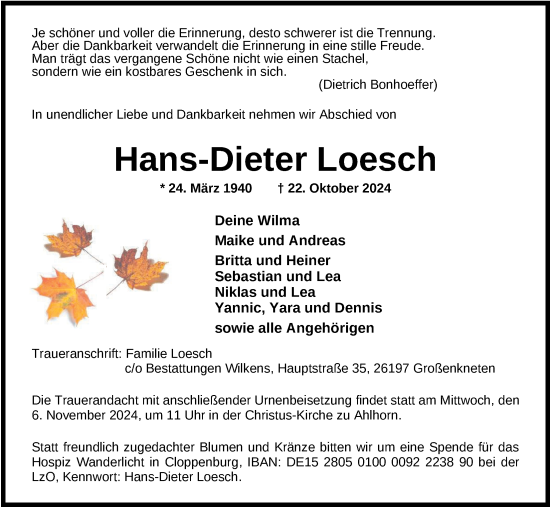 Traueranzeige von Hans-Dieter Loesch von Nordwest-Zeitung