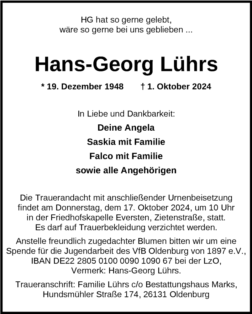  Traueranzeige für Hans-Georg Lührs vom 12.10.2024 aus Nordwest-Zeitung