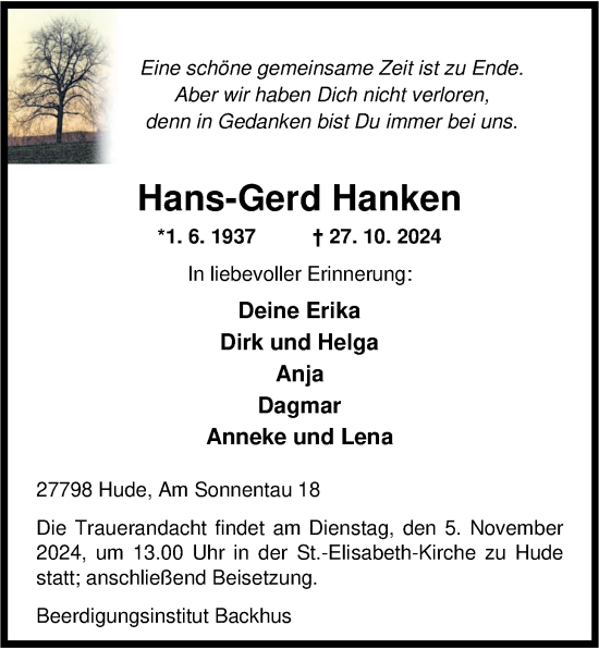 Traueranzeige von Hans-Gerd Hanken von Nordwest-Zeitung