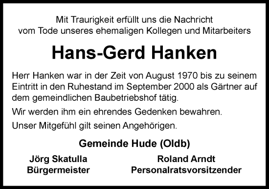 Traueranzeige von Hans-Gerd Hanken von Nordwest-Zeitung