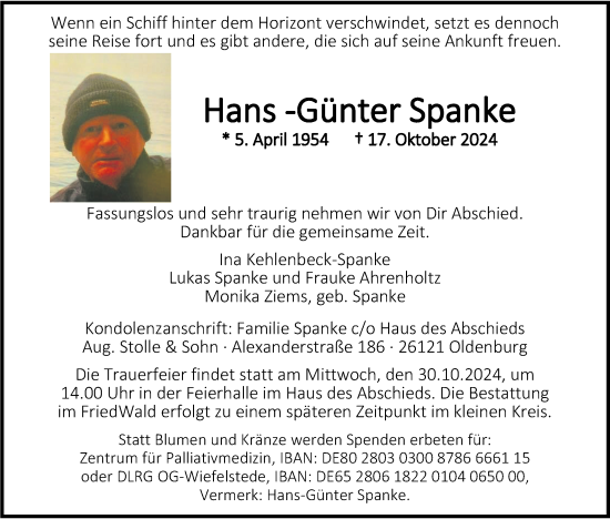 Traueranzeige von Hans-Günter Spanke von Nordwest-Zeitung