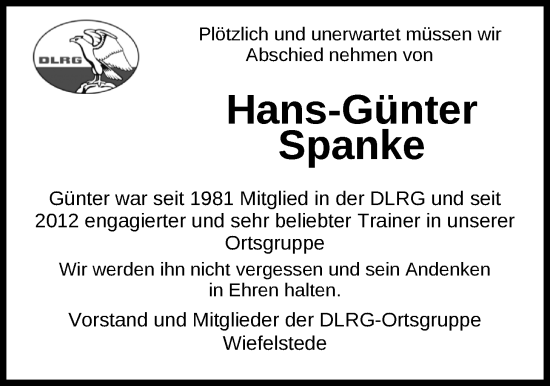 Traueranzeige von Hans-Günter Spanke von Nordwest-Zeitung