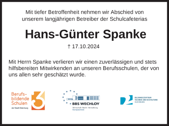 Traueranzeige von Hans-Günter Spanke von Nordwest-Zeitung