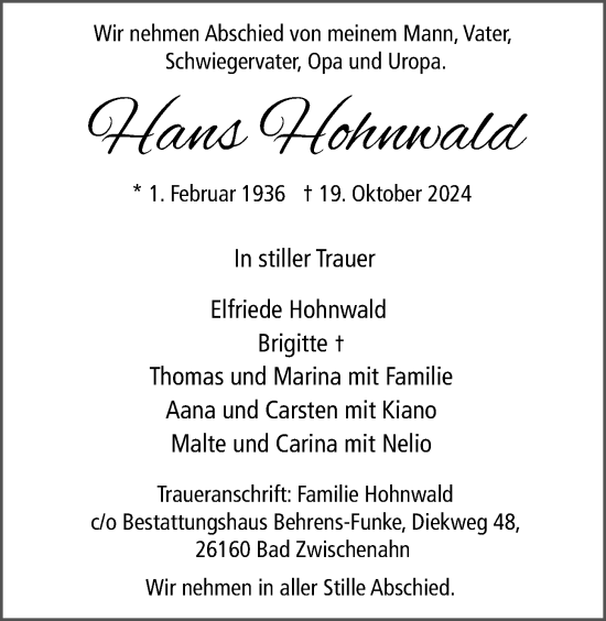 Traueranzeige von Hans Hohnwald von Nordwest-Zeitung