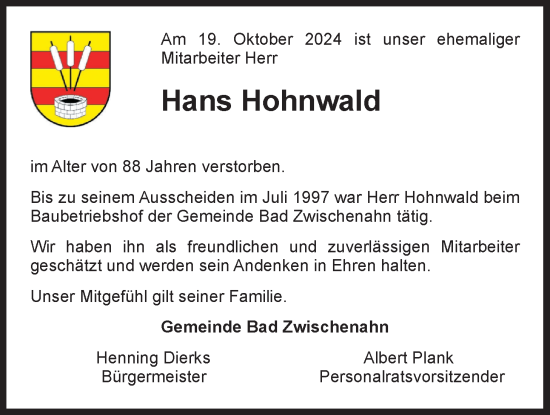 Traueranzeige von Hans Hohnwald von Nordwest-Zeitung