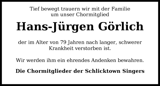 Traueranzeige von Hans-Jürgen Görlich von WZ/JW/AH
