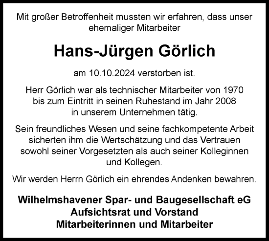Traueranzeige von Hans-Jürgen Görlich von WZ/JW/AH
