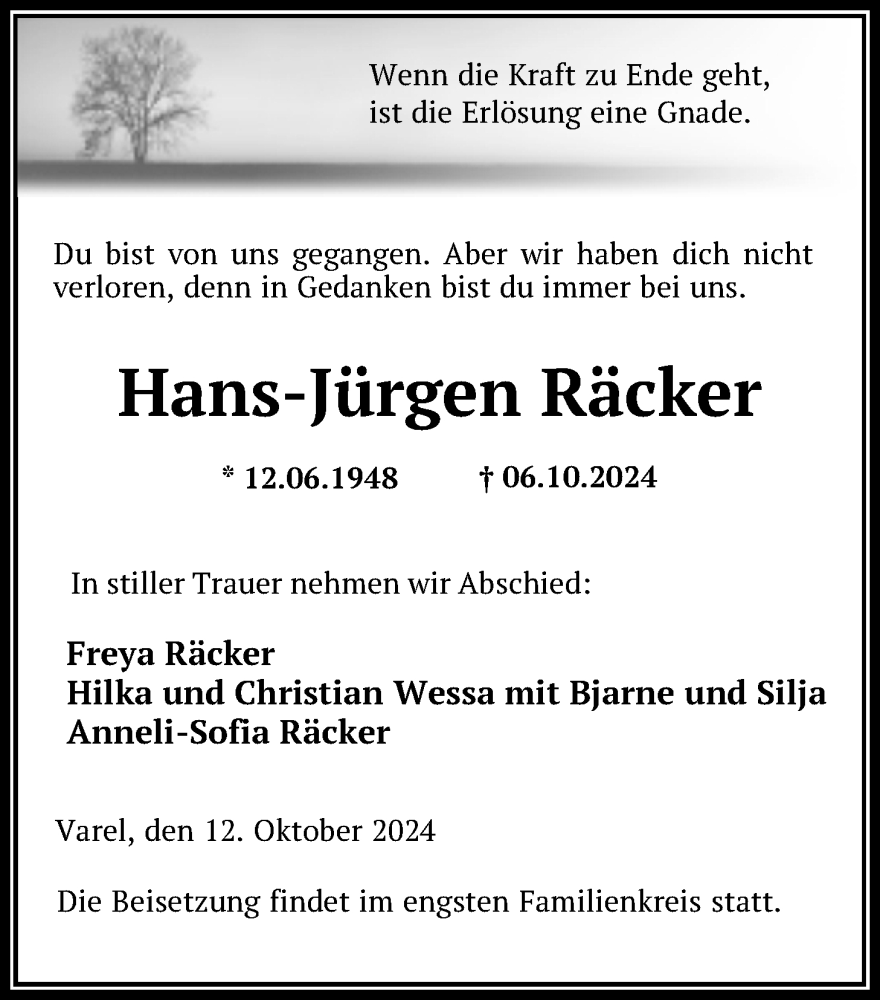  Traueranzeige für Hans-Jürgen Räcker vom 12.10.2024 aus Nordwest-Zeitung