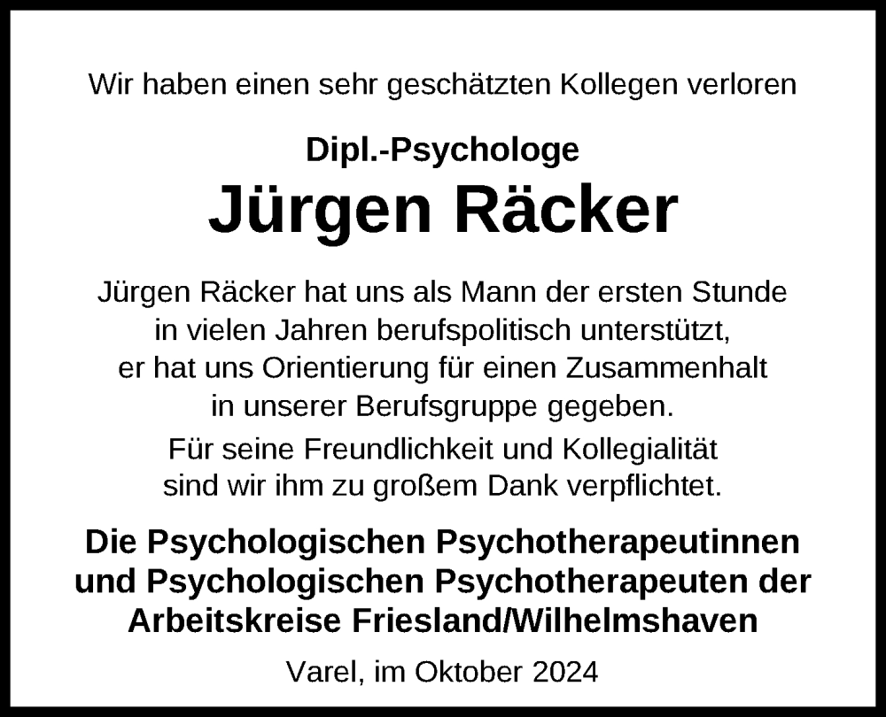  Traueranzeige für Hans-Jürgen Räcker vom 19.10.2024 aus Nordwest-Zeitung