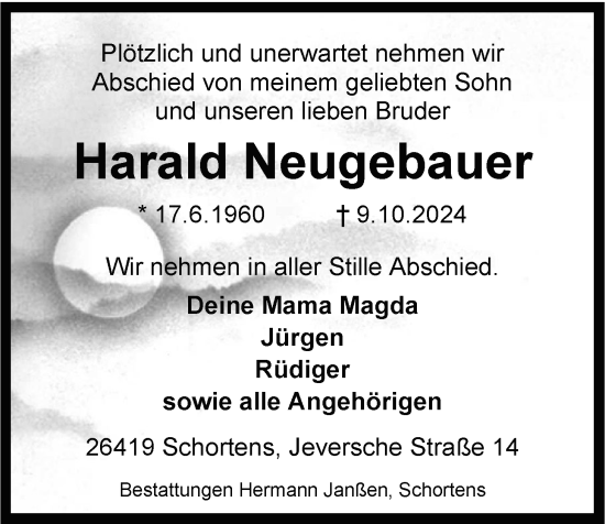Traueranzeige von Harald Neugebauer von WZ/JW/AH