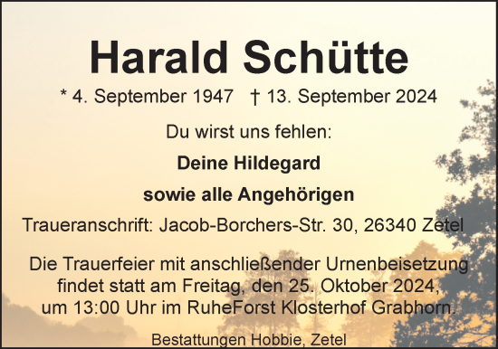Traueranzeige von Harald Schütte von Nordwest-Zeitung