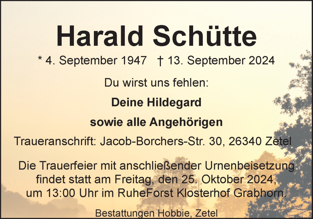  Traueranzeige für Harald Schütte vom 14.10.2024 aus Nordwest-Zeitung