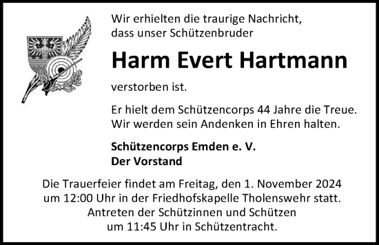 Traueranzeige von Harm Evert Hartmann von Emder Zeitung