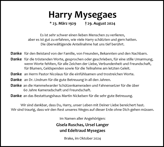 Traueranzeige von Harry Mysegaes von Nordwest-Zeitung